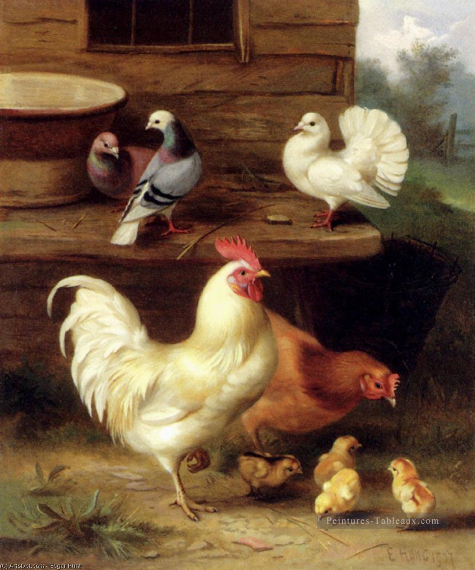 A Cockerel Hen And Chicks With Pigeons — Edgar Hunt