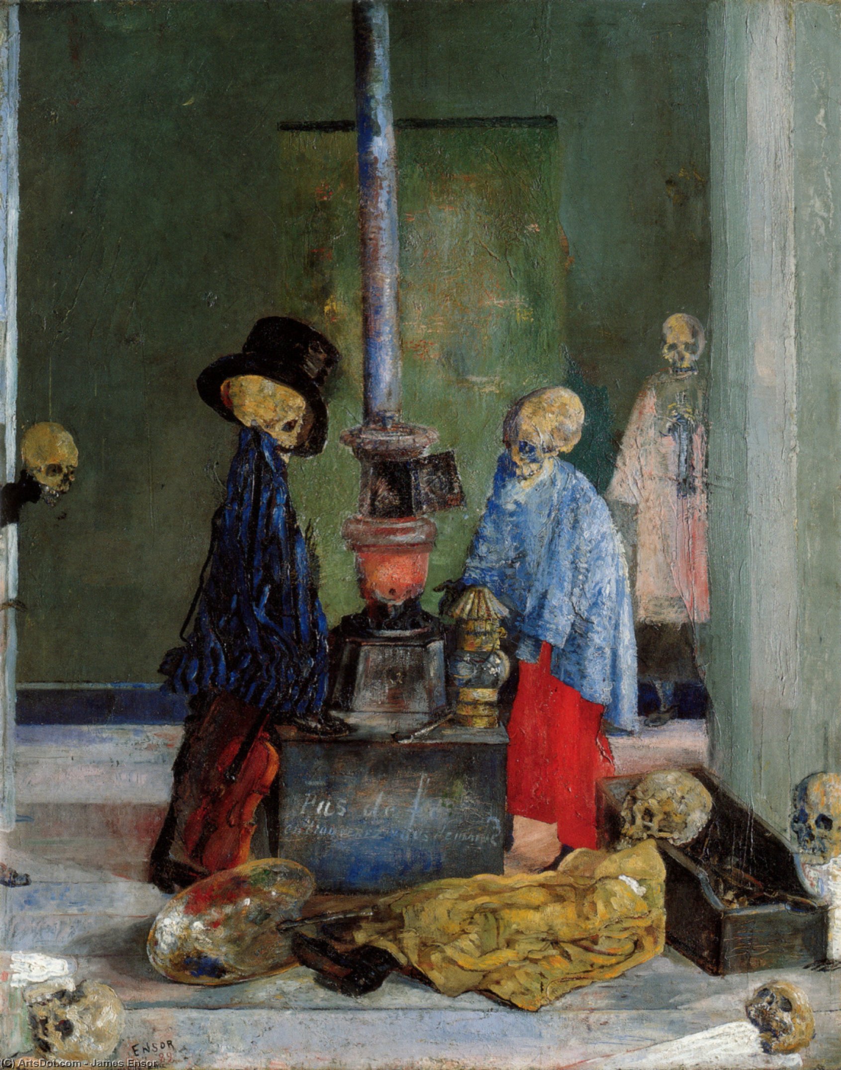 Scheletri che cercano di riscaldarsi by James Ensor, oil on linen painted by hand