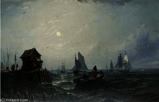 Merchant Sail Running Into Harbour At Dusk — Adolphus Knell