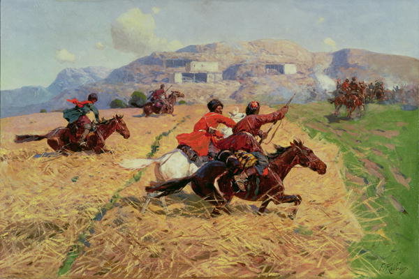 Cossacks Charging Into Battle by Franz Alexeevich Roubaud, oil on linen painted by hand