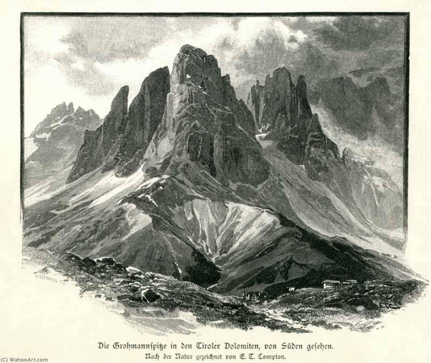 Deutsch Grohmannspitze Und (rechts) Fünffingerspitzen In Der Langkofelgruppe Von Süden Aus Gesehen. Nach Der Natur Gezeichnet Von E.t. Compton — Edward Theodore Compton