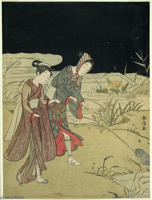 Catching Fireflies by Suzuki Harunobu, oil on linen painted by hand