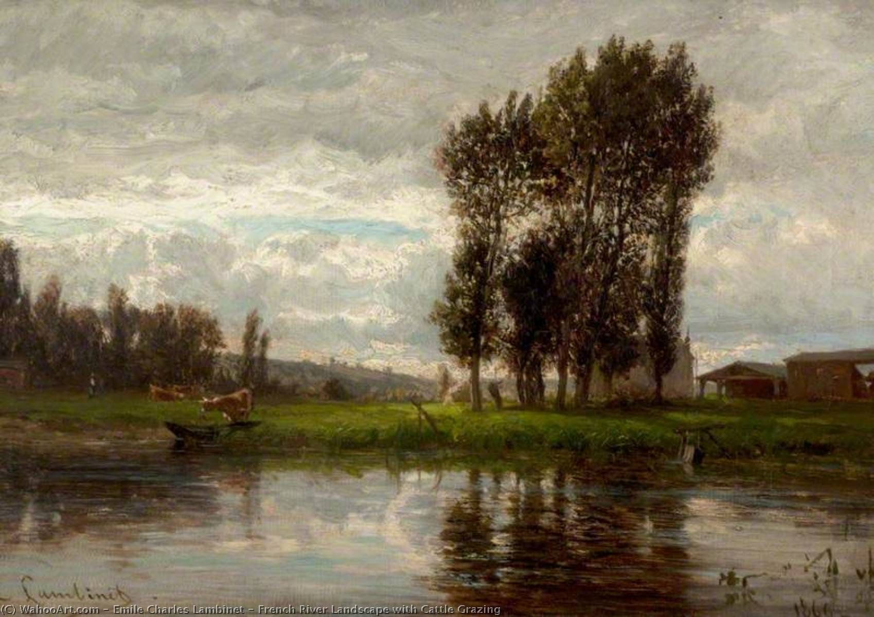 French River Landscape With Cattle Grazing — Emile Charles Lambinet