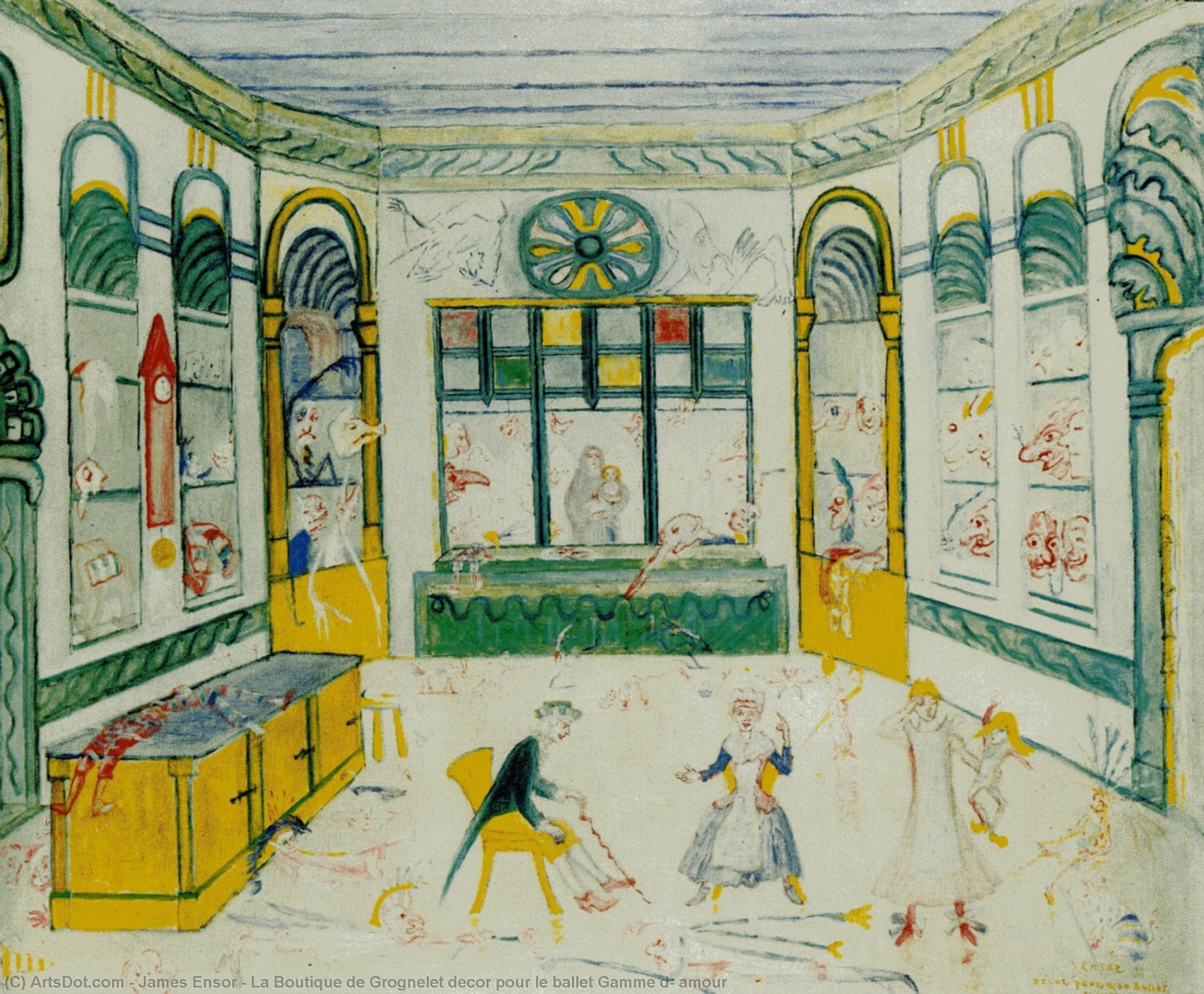 La Boutique de Grognelet decor per il ballet Gamme d' amour by James Ensor, oil on linen painted by hand