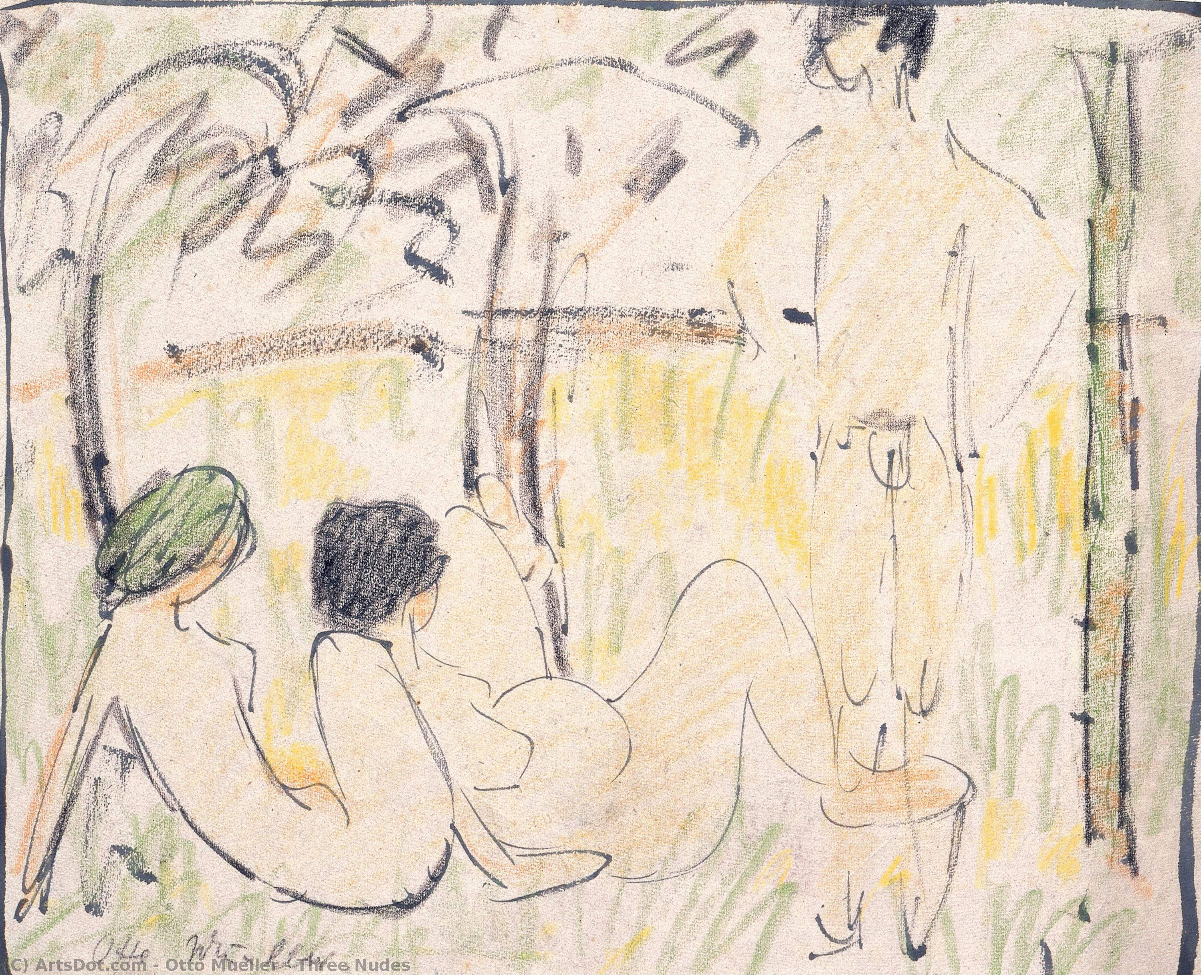 Three Nudes by Otto Müller, oil on linen painted by hand