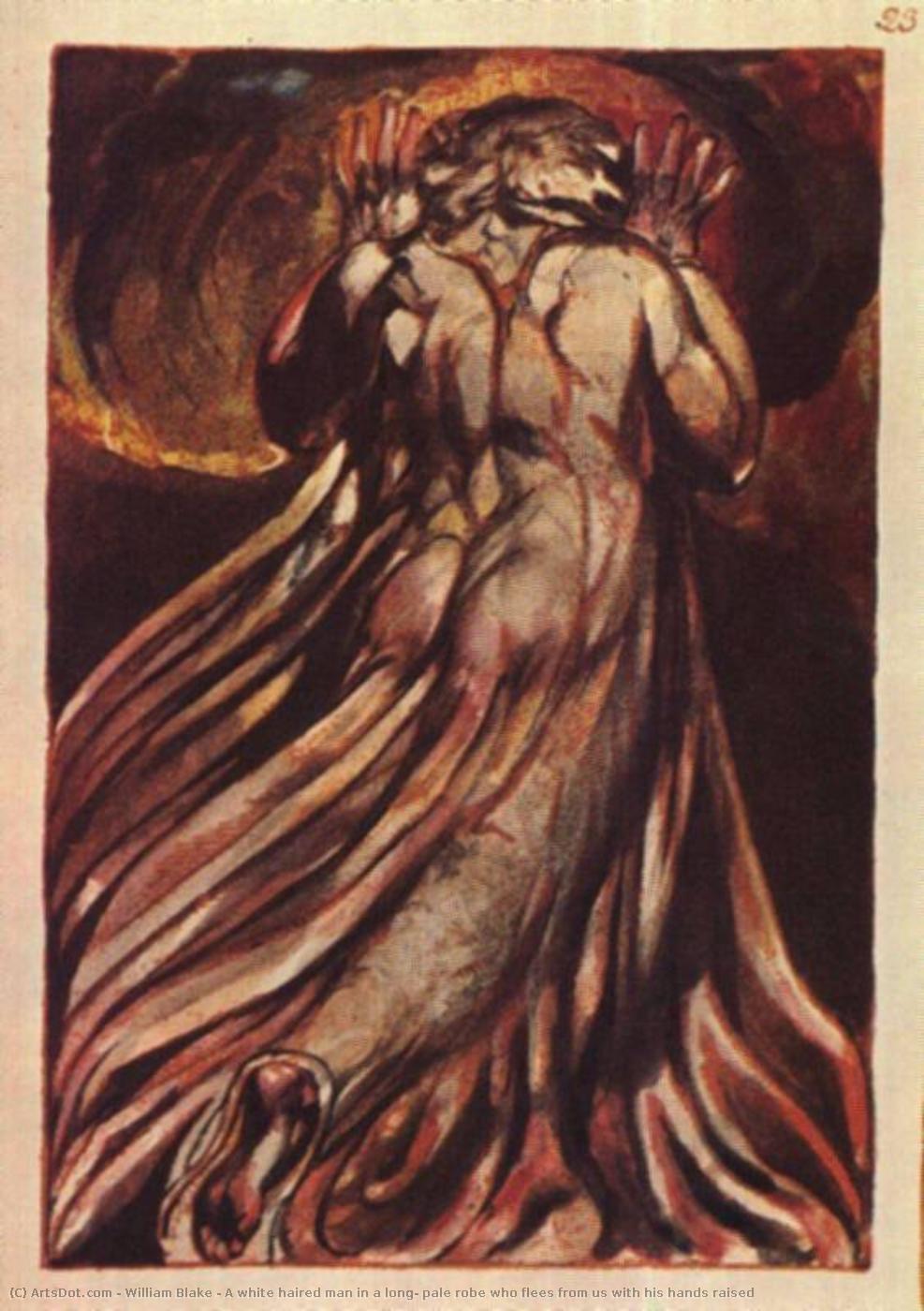 A White Haired Man In A Long, Pale Robe Who Flees From Us With His Hands Raised — ويليام بليك