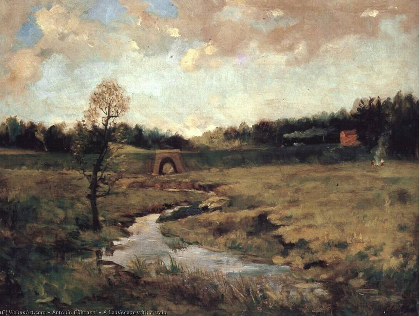 A Landscape with a train by Antonín Chittussi, oil on linen painted by hand