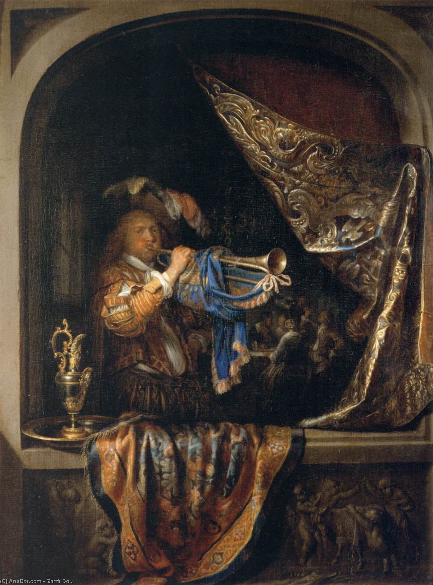Trompétiste Devant Un Banquet — Gerrit Dou