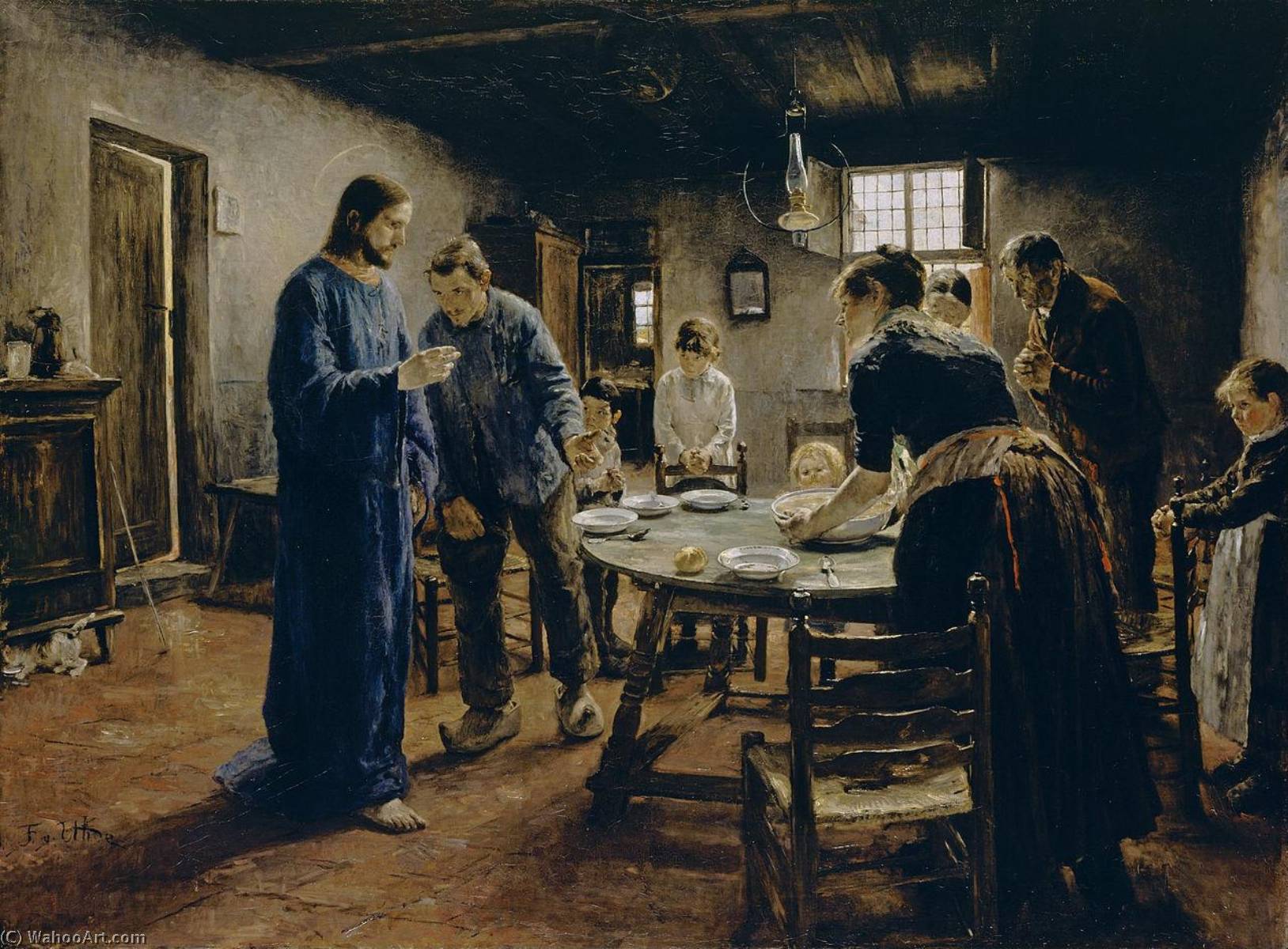 The Mealtime Prayer di Fritz Von Uhde, olio su lino dipinto a mano