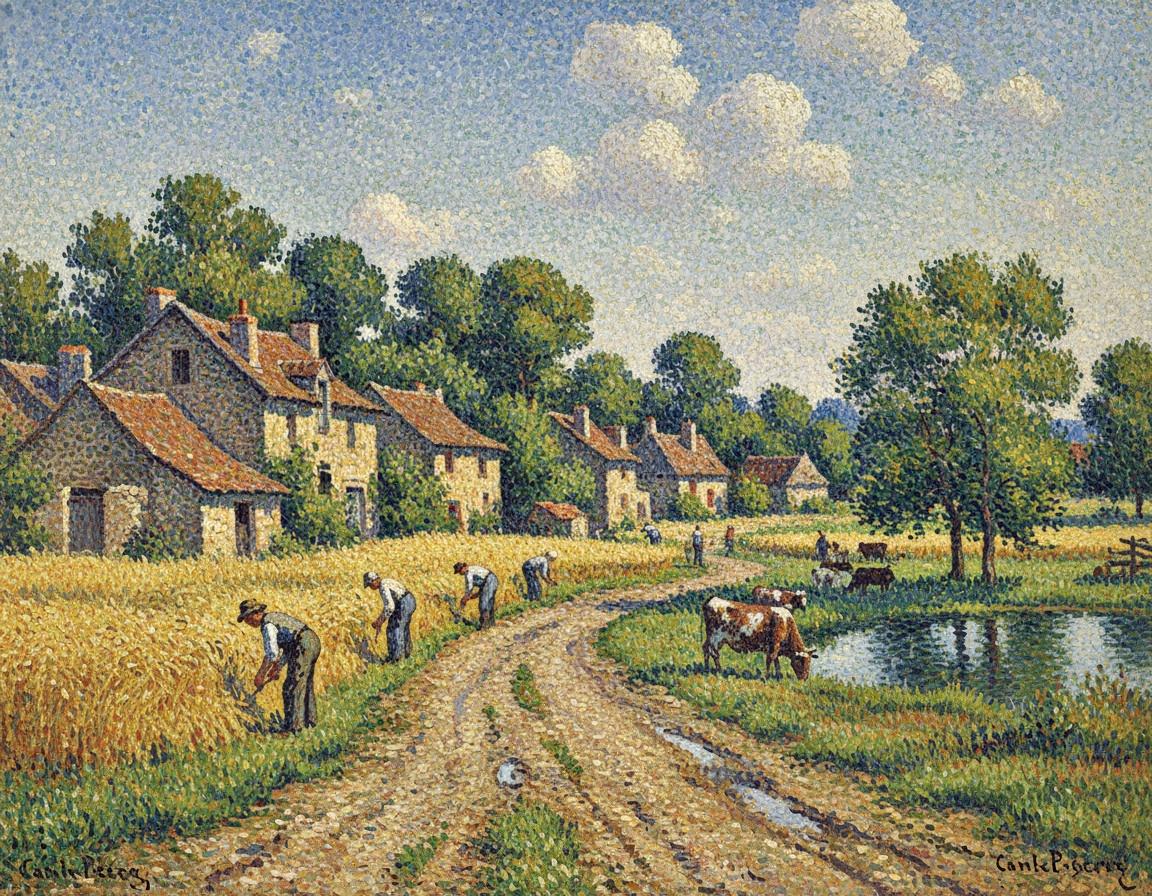 Golden Harvest Serenity: A Neo-impressionist Pastoral Study — Camille Caron