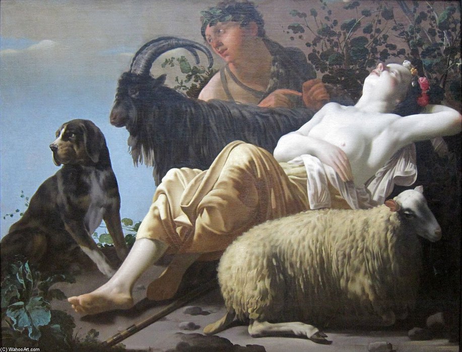 Shepherd And Sleeping Shepherdess di Reyer Van Blommendael, olio su lino dipinto a mano