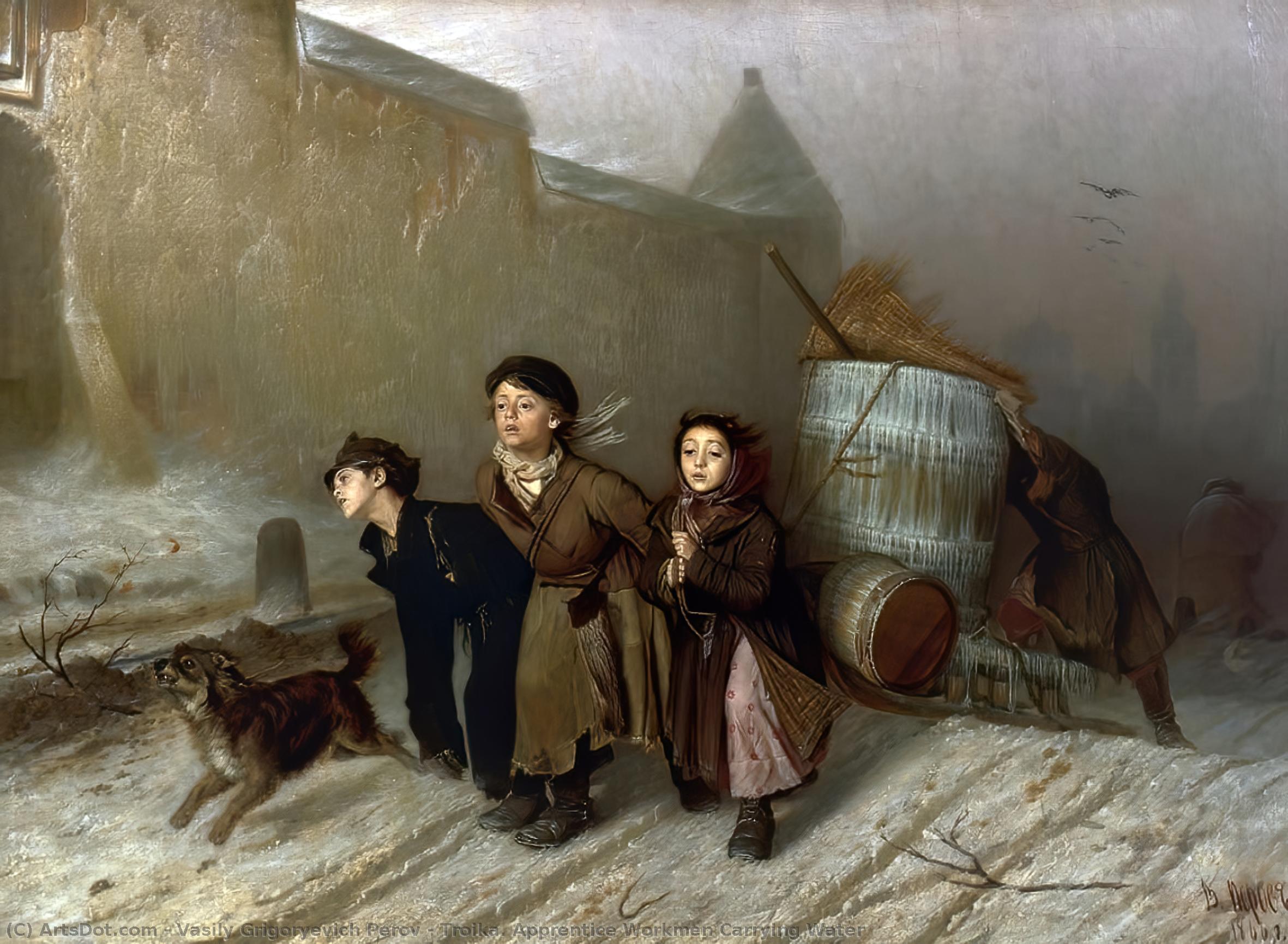 Troika. Apprentice Workmen Carrying Water di Vasily Grigorievich Perov, olio su lino dipinto a mano