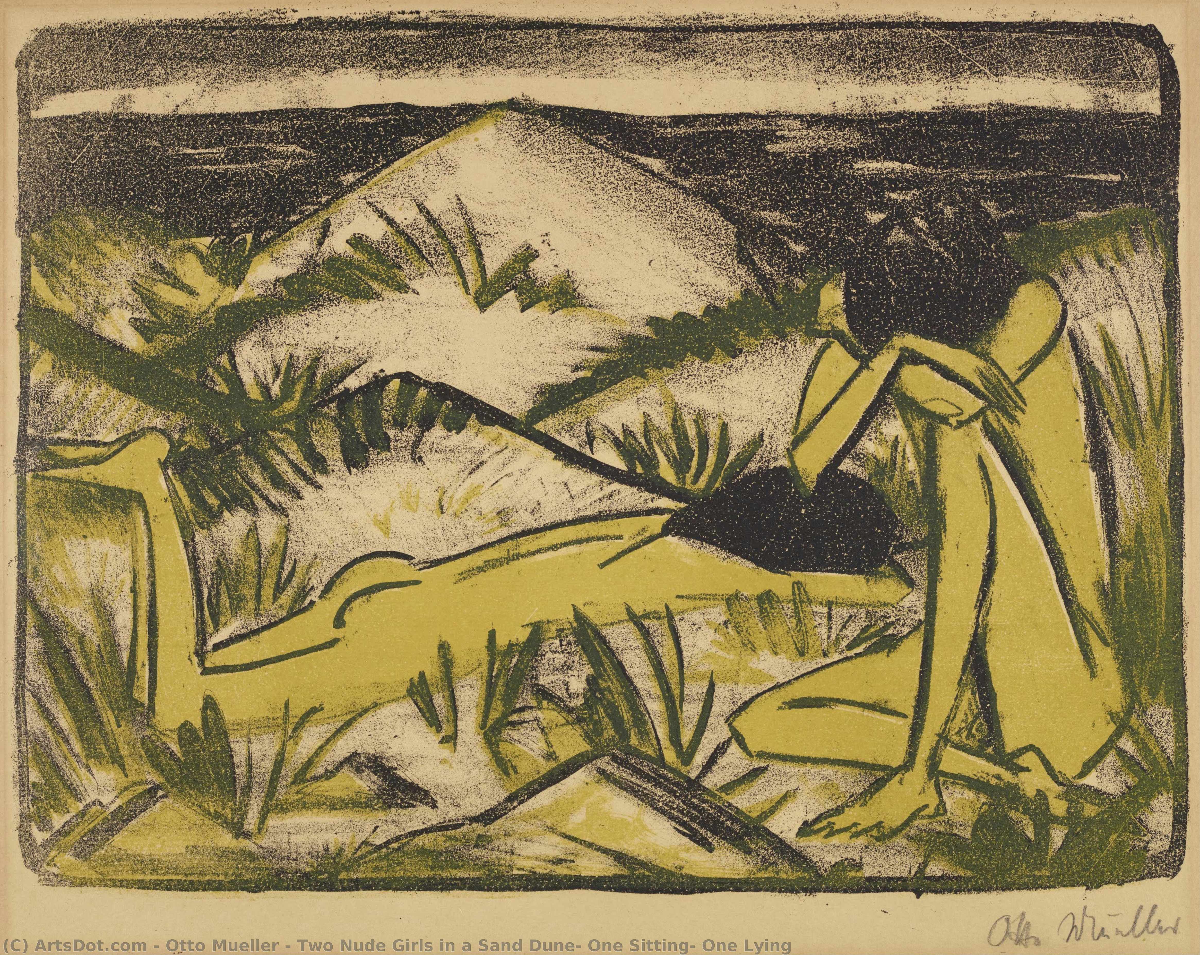 Zwei nackte Mädchen in einer Sanddüne, eine sitzend, eine liegend by Otto Müller, oil on linen painted by hand