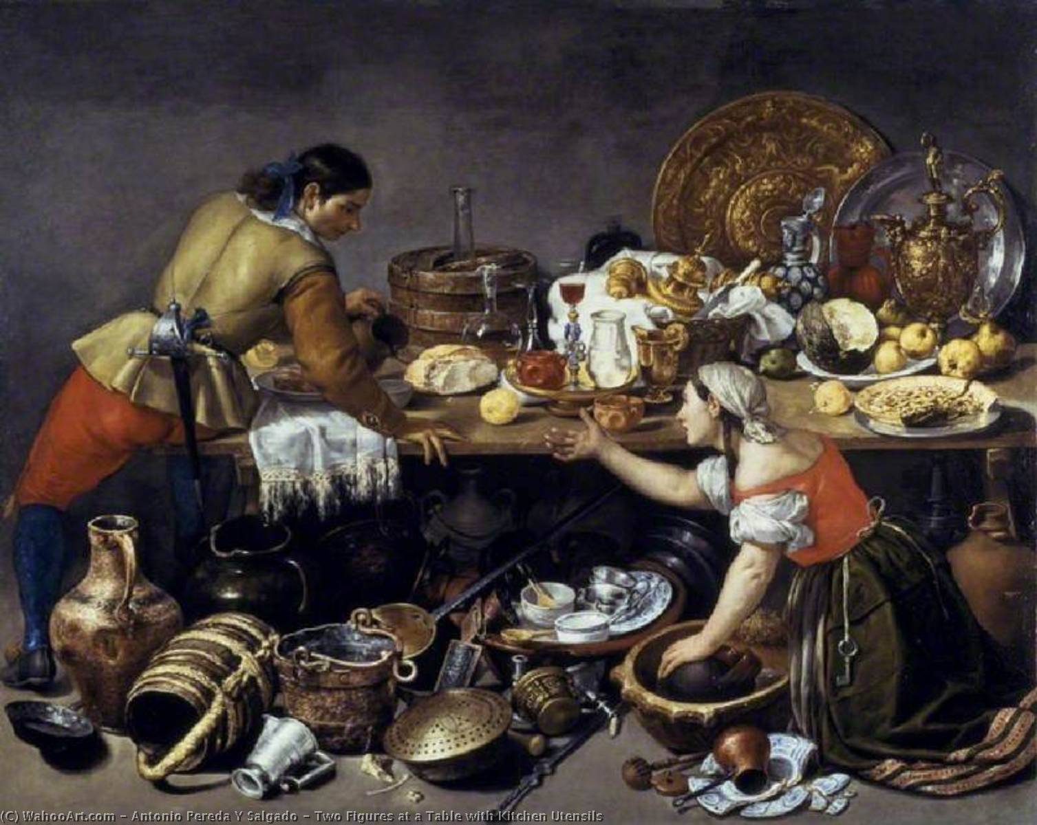 Two Figures at a Table with Kitchen Utensils by Antonio Pereda Y Salgado, oil on linen painted by hand