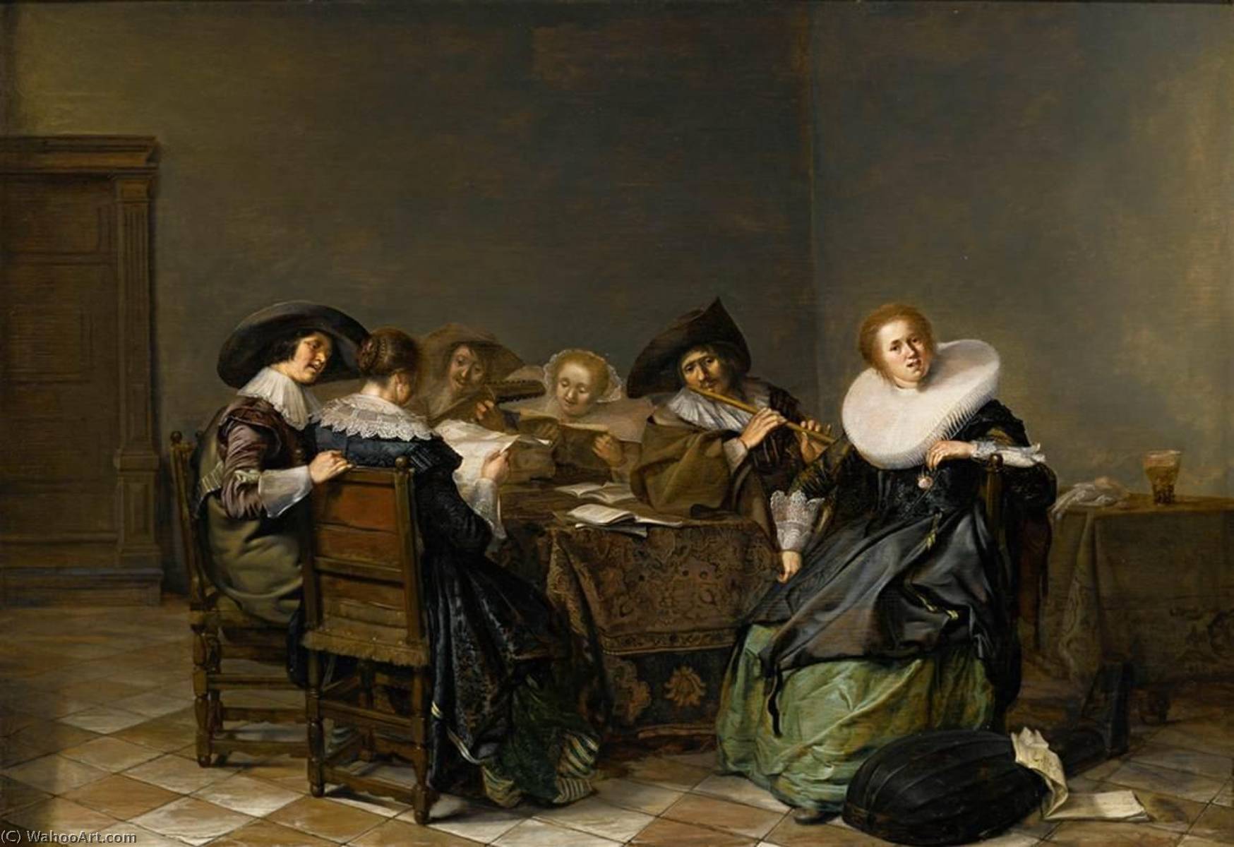 Interior with Musicians Seated around a Table by Pieter Jacobsz Codde, oil on linen painted by hand