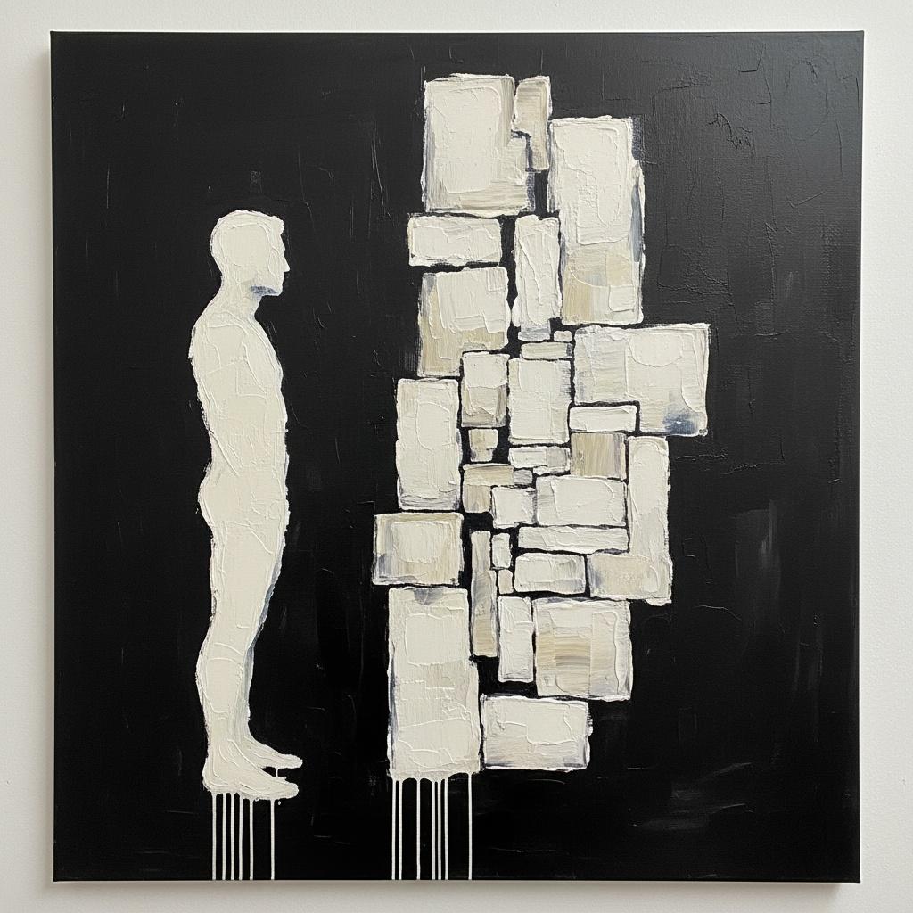 Monolithic Silence: A Singular Study Of Form, Shadow, And Fading Human Presence — Laurent Fabre, Oil On Canvas, Neo-abstract Art