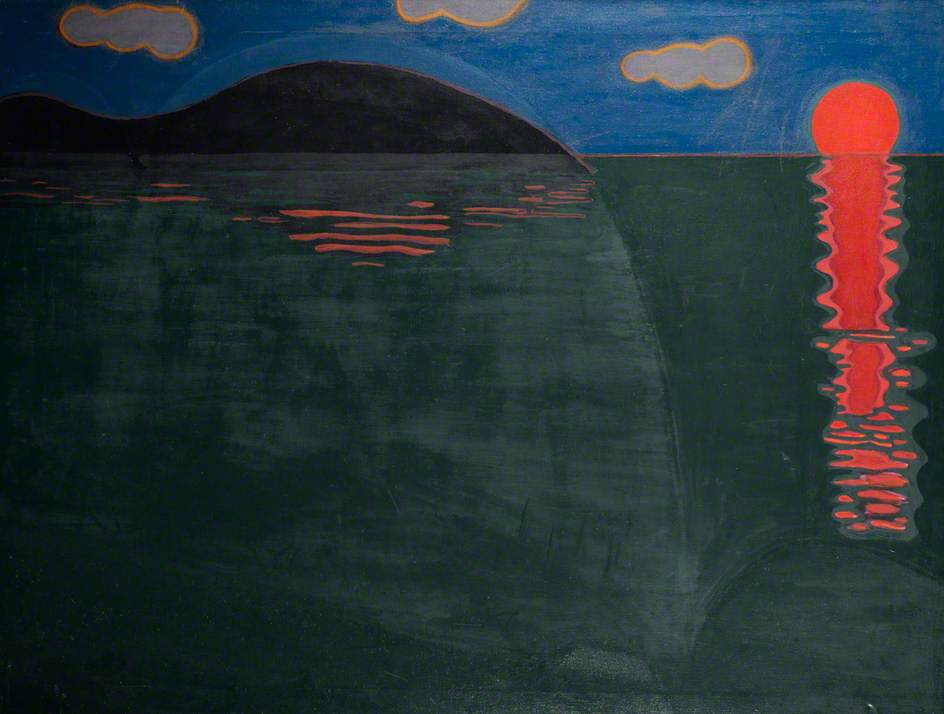 Red Sunset over Sea by Ernest Zobole, oil on linen painted by hand