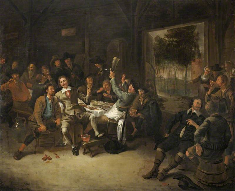 Peasants Feasting in a Barn de Gerrit Lundens, óleo sobre lino pintado a mano