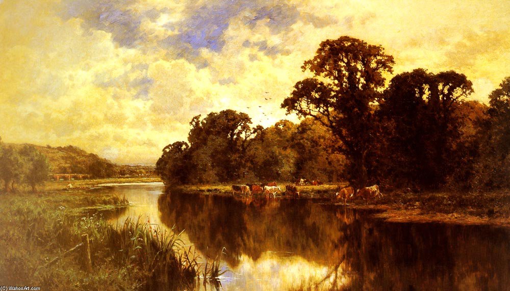 Cattle Watering On A Riverbank — Henry Hillier Parker
