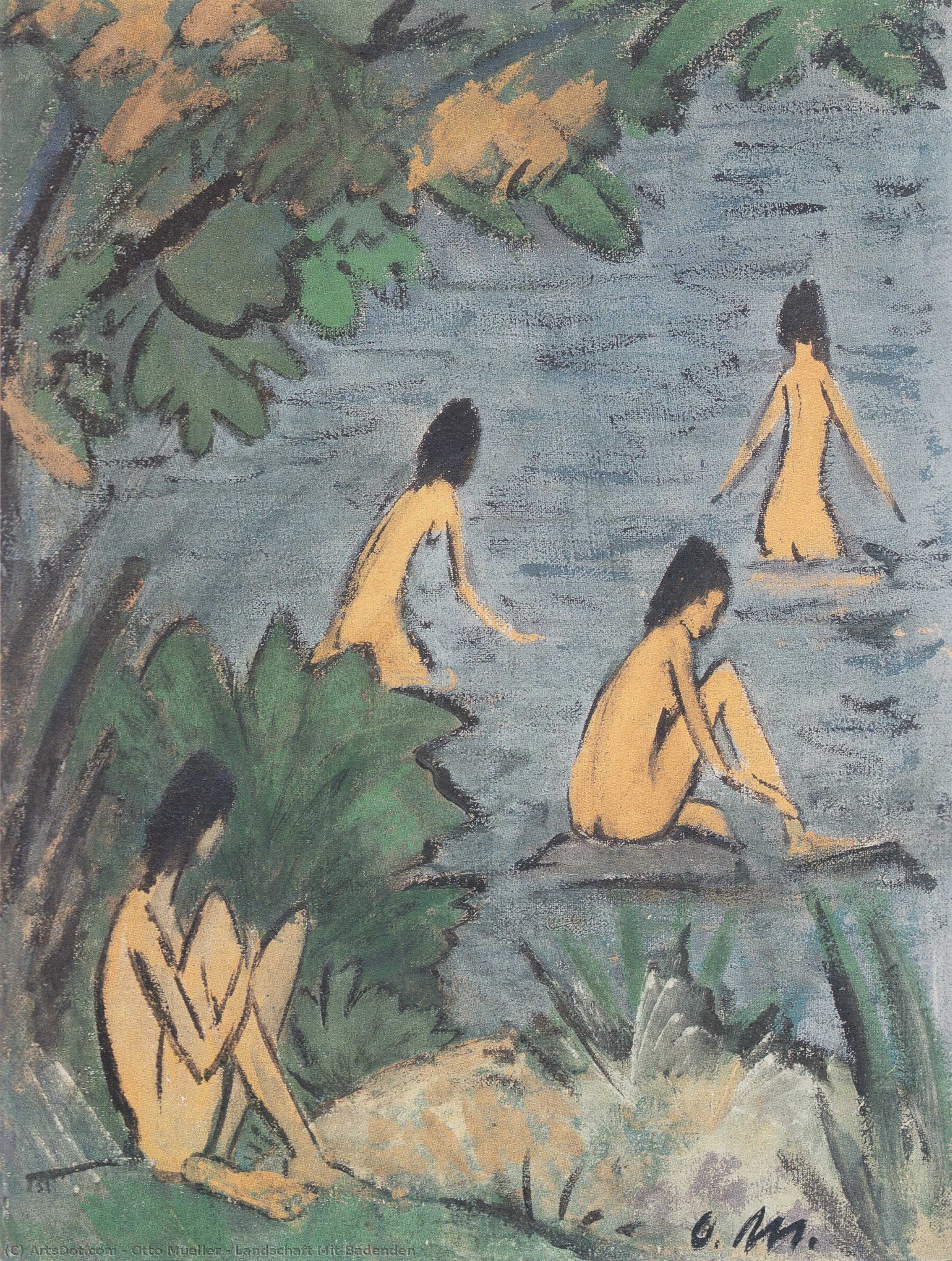 Landschaft Mit Badenden by Otto Müller, oil on linen painted by hand