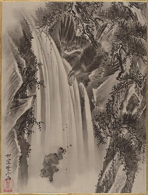 Waterfall, Eagle And Monkey — Kawanabe Kyōsai