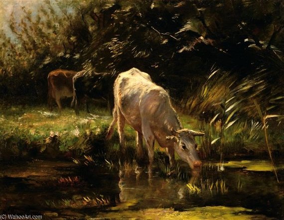 A Calf Drinking From A Pond — Willem Maris