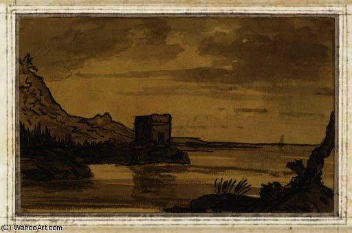 A Coastal Landscape With A Ruined Tower — Alexander Cozens
