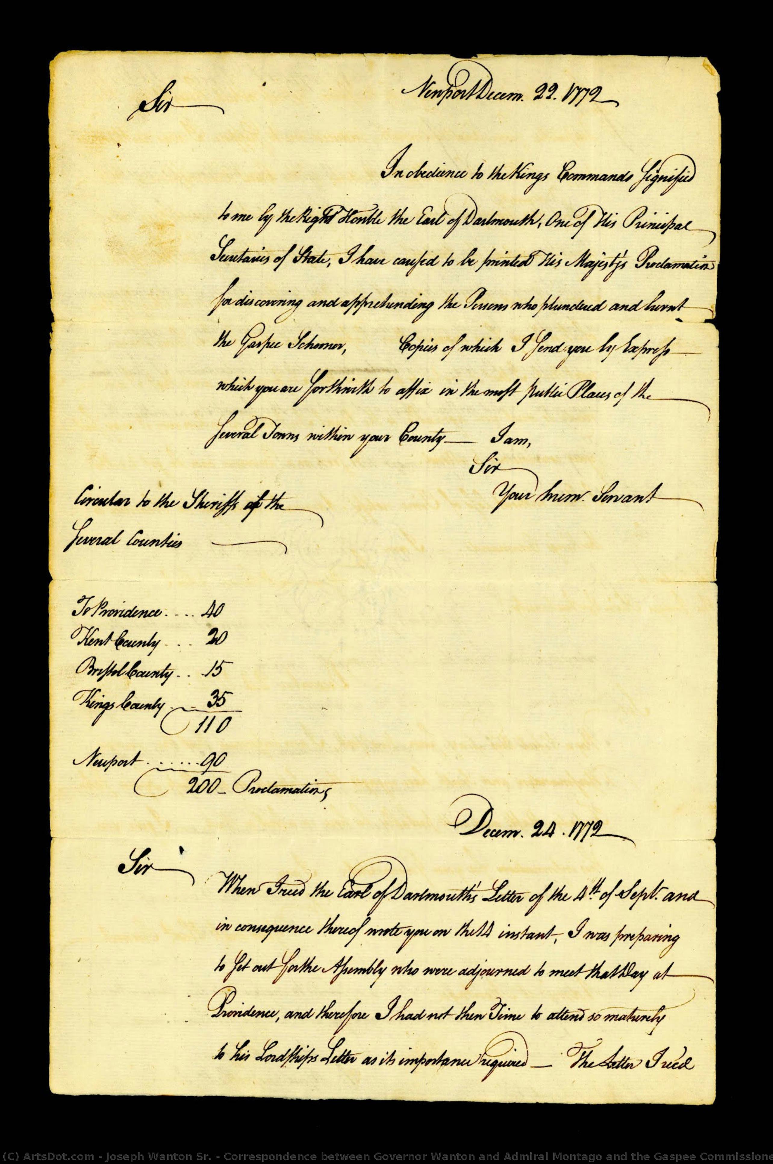 Correspondence Between Governor Wanton And Admiral Montago And The Gaspee Commissioners Correspondence Between Governor Wanton And Admiral Montago And The Gaspee Commissioners, Page 1 — Josef Wanton Sr.