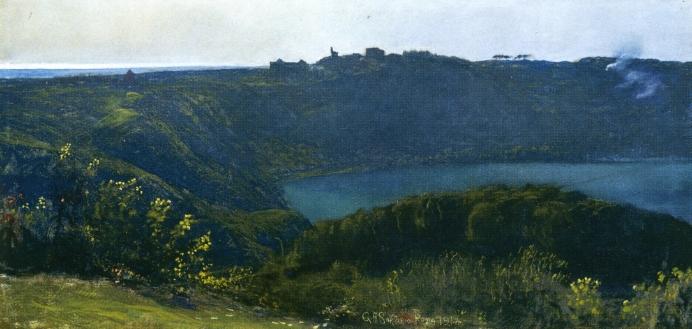 Landscape by Giulio Aristide Sartorio, oil on linen painted by hand