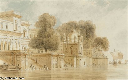 Ghats At Bithur by Thomas Og William Daniell, oil on linen painted by hand
