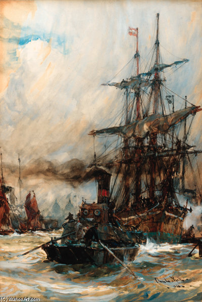 A Windjammer Under Tow Off Greenwich — Charles Edward Dixon