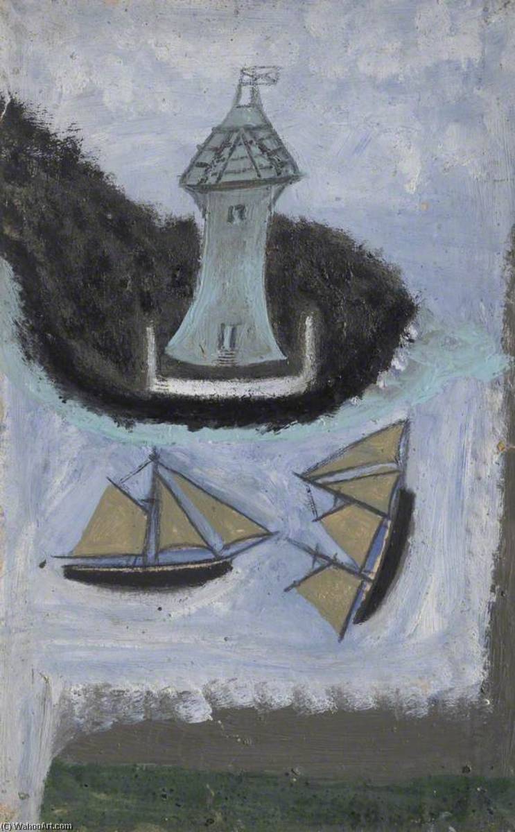 Lighthouse and Two Sailing Ships (recto) od Alfred Wallis, olej na plátně, ručně malováno