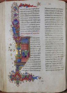 Page with marginal frieze and figured initial I