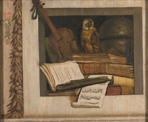 Itas Still Life With Books, A Violin And An Owl In A Niche — Jacob Van Campen