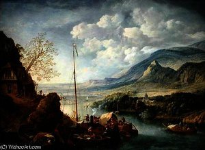 A Rhenish River Landscape with Boats in the Foreground