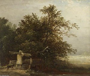 A Man Crossing A Bridge Carrying A Bundle Of Sticks — Edward Charles Williams