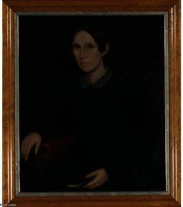 PORTRAIT OF A BLUE-EYED LADY IN BLACK DRESS WITH WHITE EYELET COLLAR