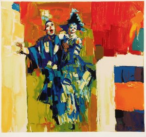 Fragmented Souls In Motion: A Primal Dance Of Crimson And Cerulean Impasto — Caroline Pelletier