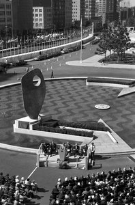 Barbara Hepworth speaking at the unveiling of the United Nations Single Form, New York, June 1964
