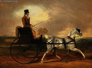 A gentleman riding a horse and gig