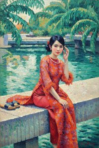 Crimson Serenity In The Pointillist Garden: A Originaluniqueart Original — Océane Faubert