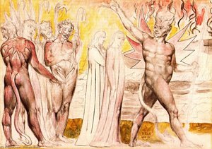 Dante und Virgilio betreten den Weg, begleitet von Dämonen
