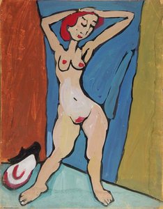 Standing Female Nude With Red Hair And Hands On Head — William H. Johnson