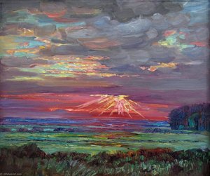 Deutsch Sonnenuntergang (über flacher Landschaft)