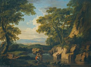A Mountainous Wooded Landscape With Figures By A River In The Foreground — George Barret The Elder