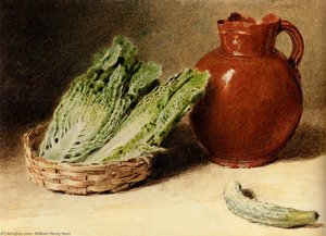 Still life with a jug a cabbage in a basket and a gherkin