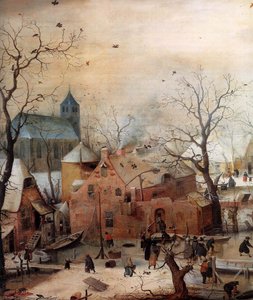 Winterlandschaft mit Schlittschuhläufern (Detail)