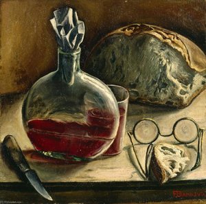 Français Nature morte avec carafe de vin, pain et lunettes