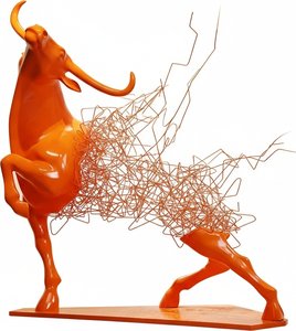 Dynamic Orange Bull Sculpture - Glass Fiber Resin