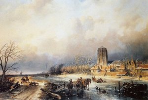 Figures On A Frozen Waterway Sun — Charles Henri Joseph Leickert